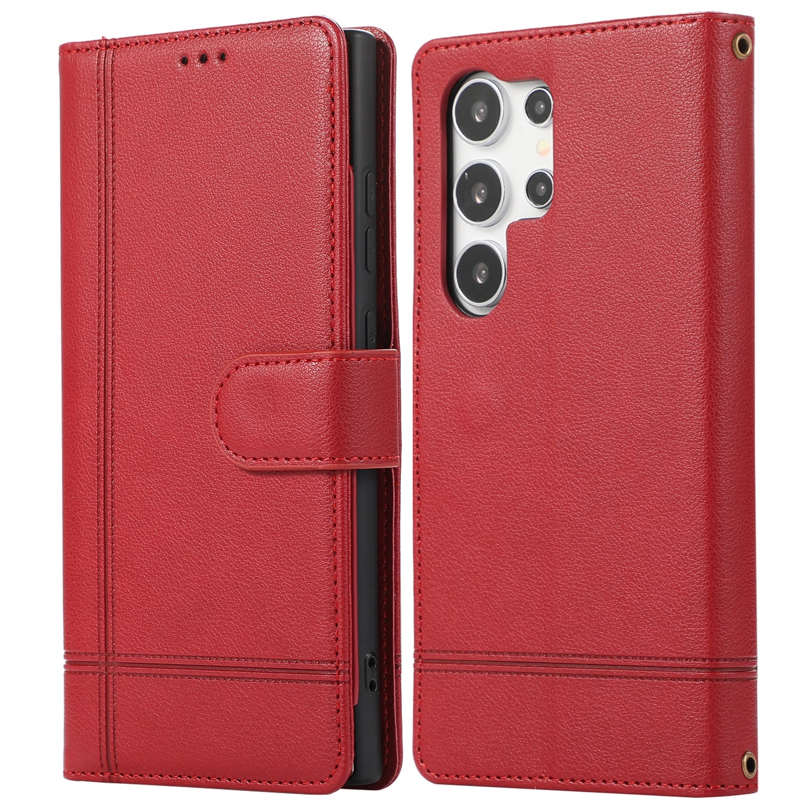 For Samsung Galaxy S22 Ultra 5G Cell Phone Case Lines Imprint Leather Wallet Cover with Mirror - Red