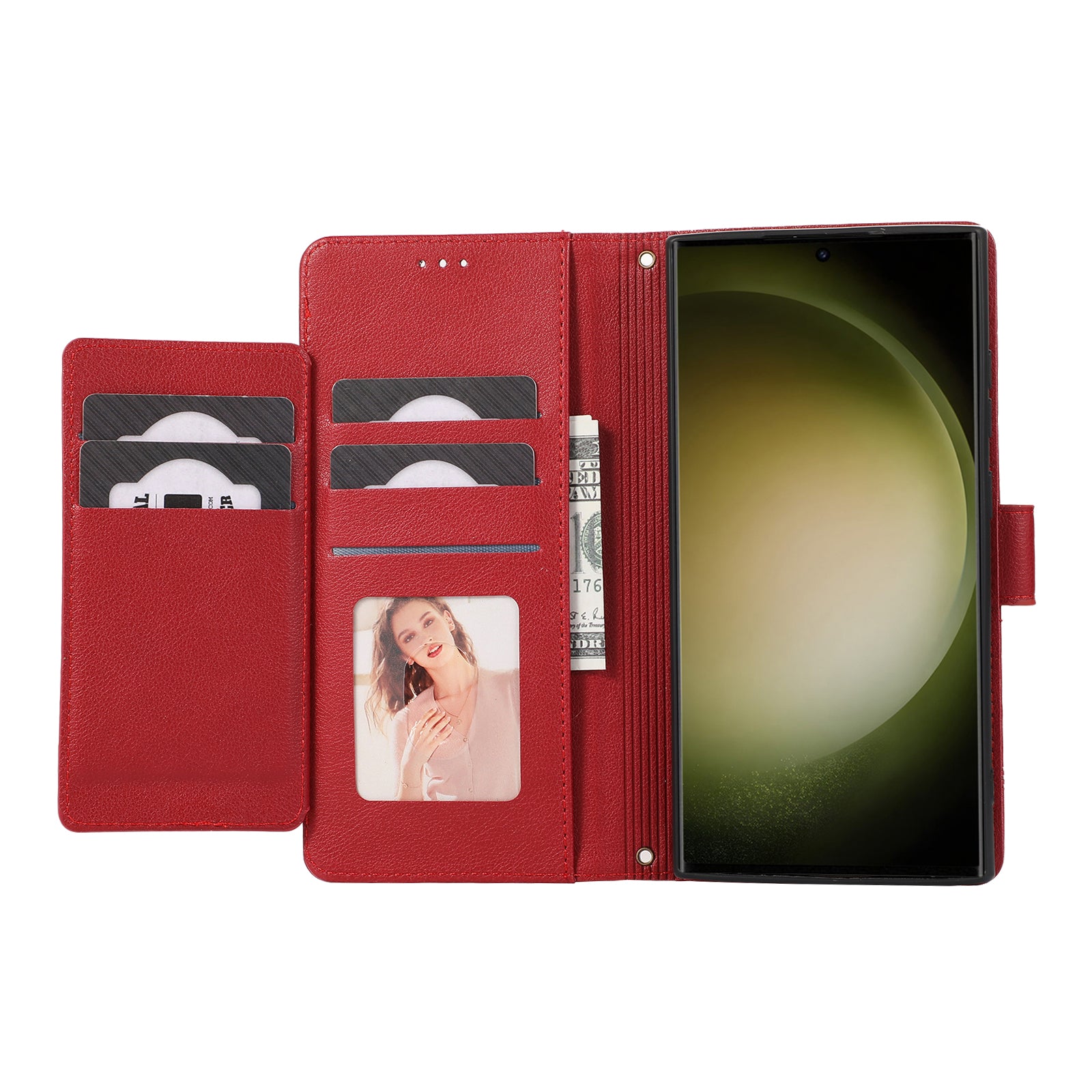 For Samsung Galaxy S22 Ultra 5G Cell Phone Case Lines Imprint Leather Wallet Cover with Mirror - Red