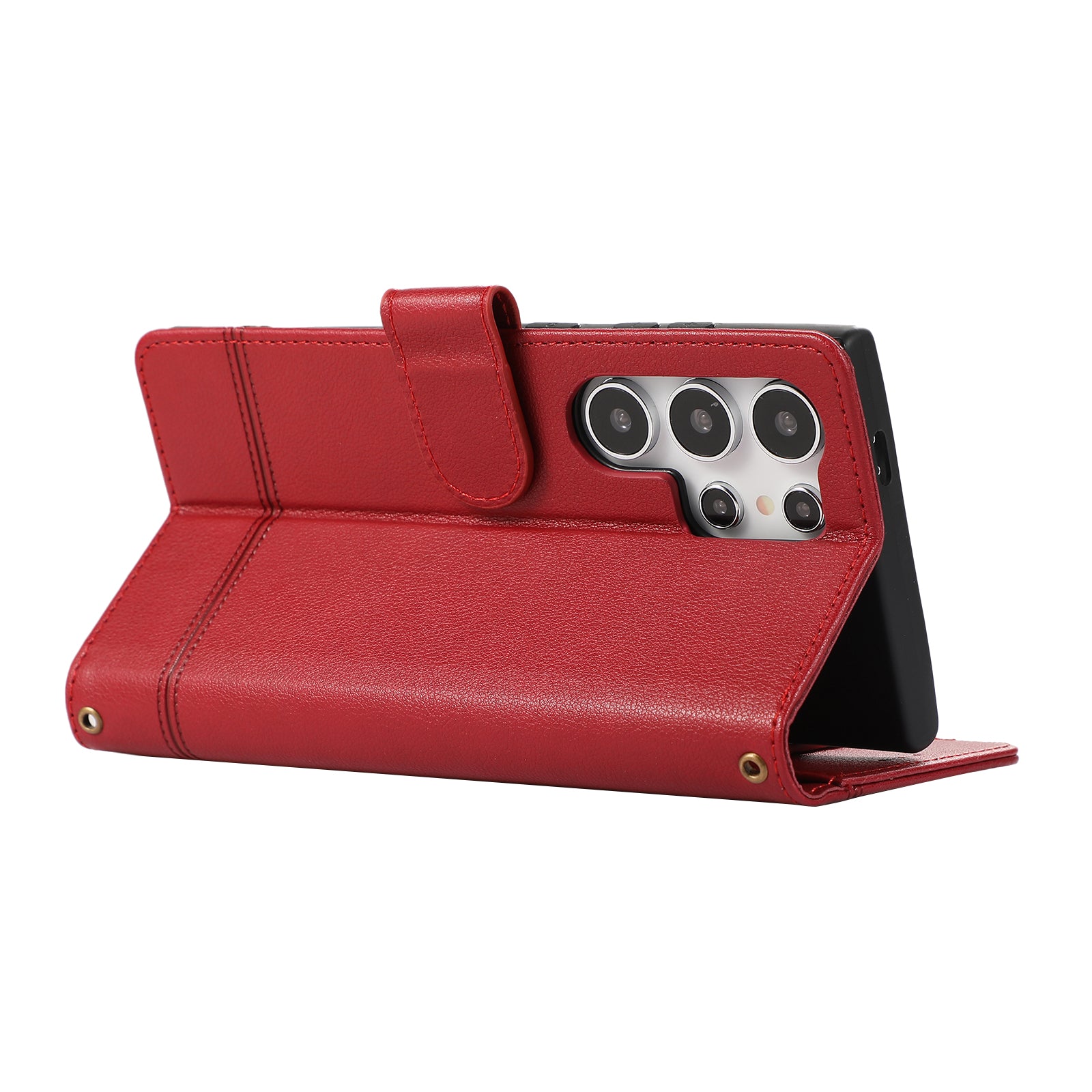 For Samsung Galaxy S22 Ultra 5G Cell Phone Case Lines Imprint Leather Wallet Cover with Mirror - Red