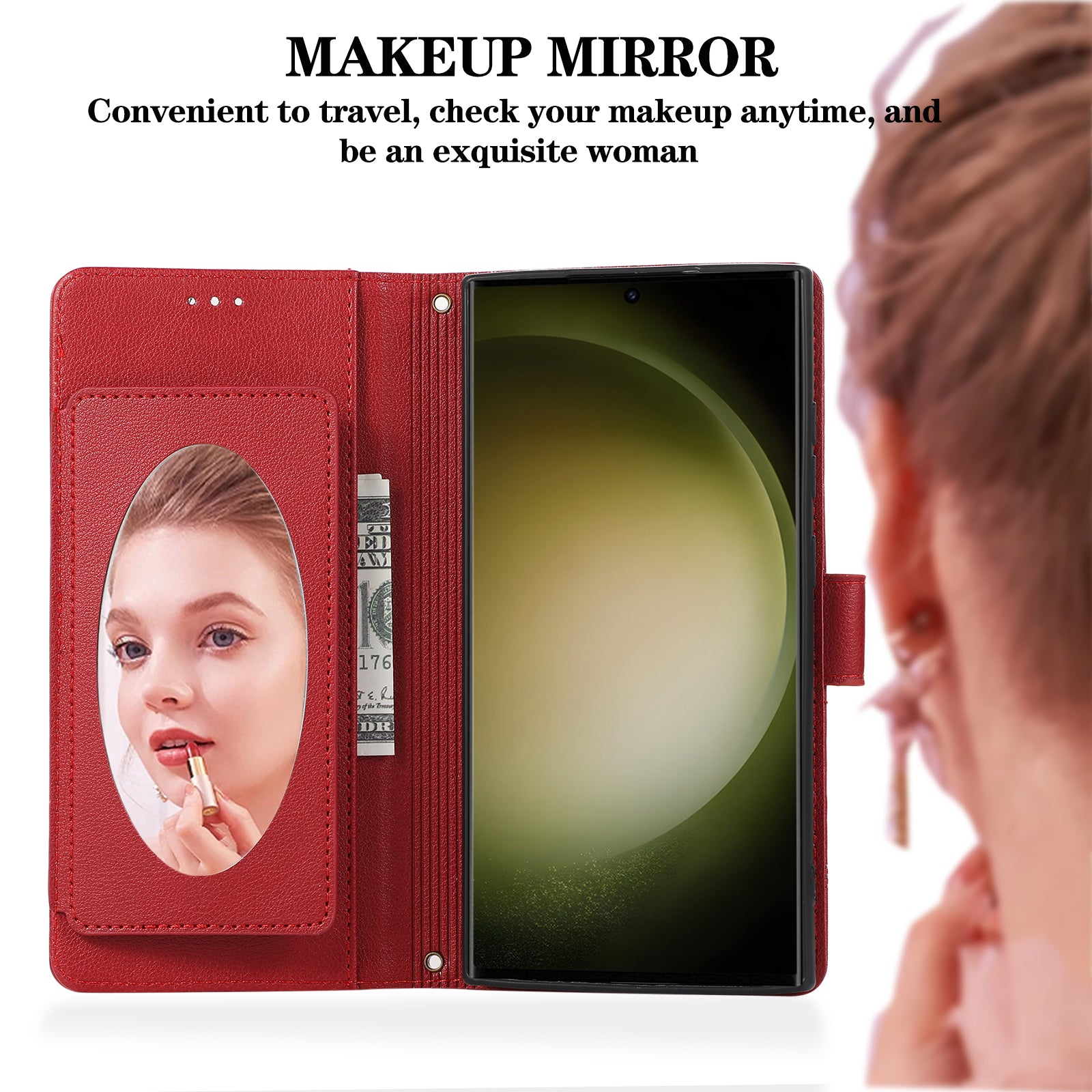 For Samsung Galaxy S22 Ultra 5G Cell Phone Case Lines Imprint Leather Wallet Cover with Mirror - Red