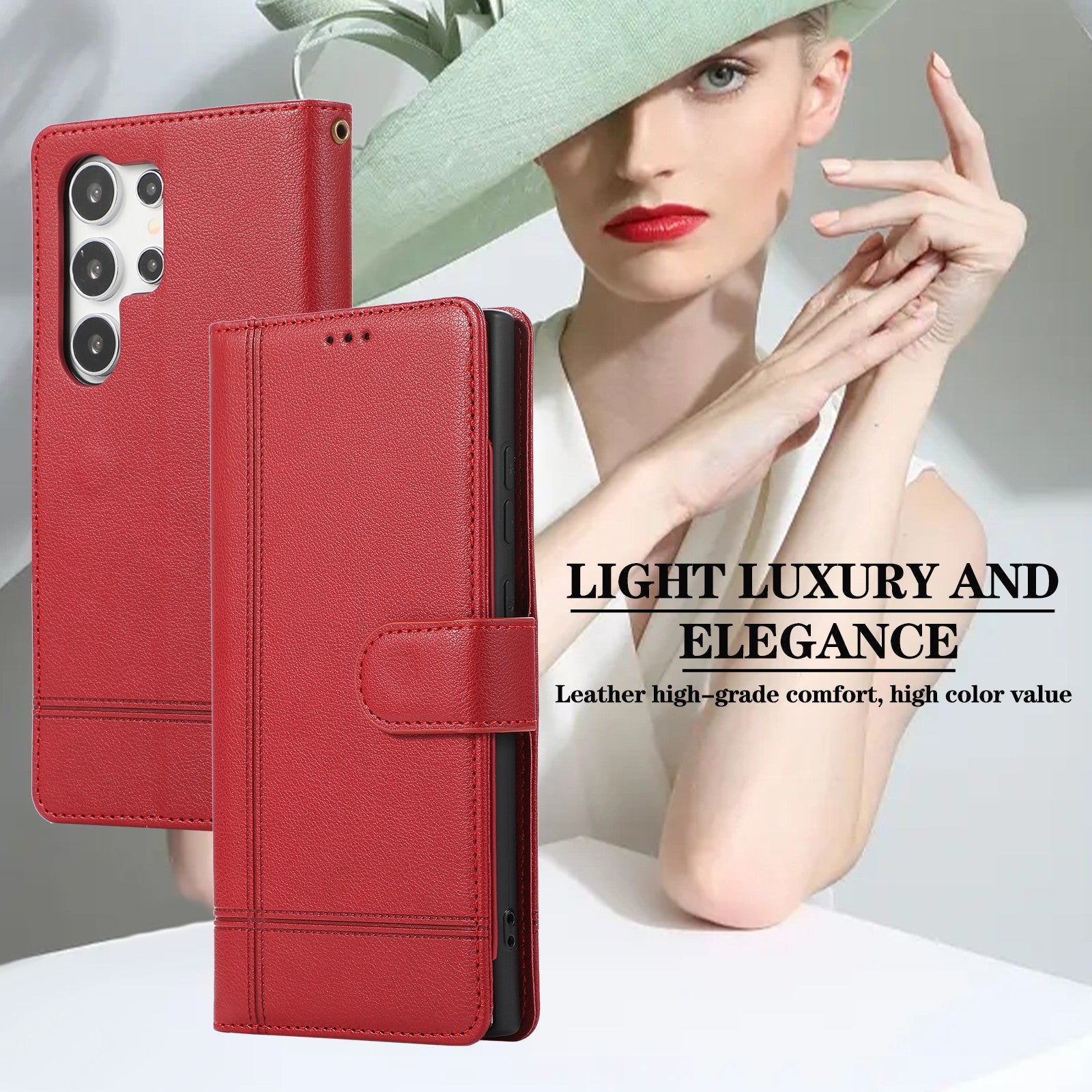 For Samsung Galaxy S22 Ultra 5G Cell Phone Case Lines Imprint Leather Wallet Cover with Mirror - Red