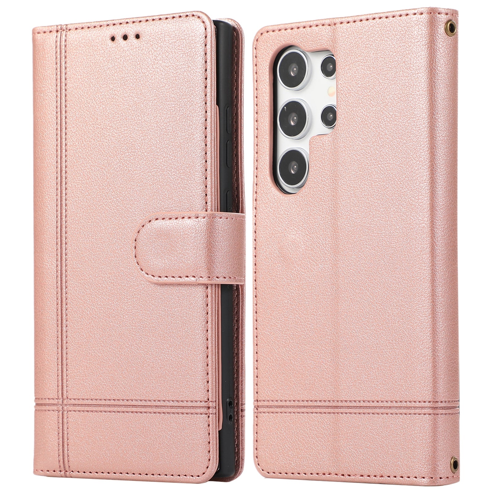 For Samsung Galaxy S22 Ultra 5G Cell Phone Case Lines Imprint Leather Wallet Cover with Mirror - Red