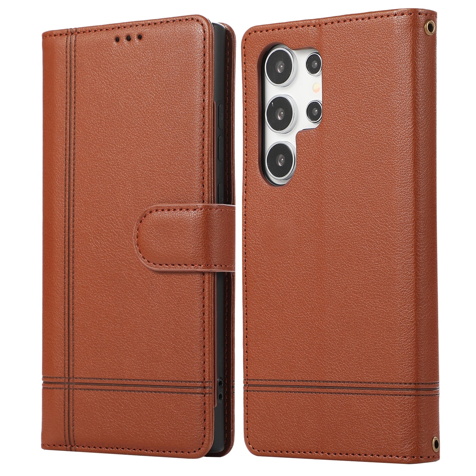 For Samsung Galaxy S22 Ultra 5G Cell Phone Case Lines Imprint Leather Wallet Cover with Mirror - Red