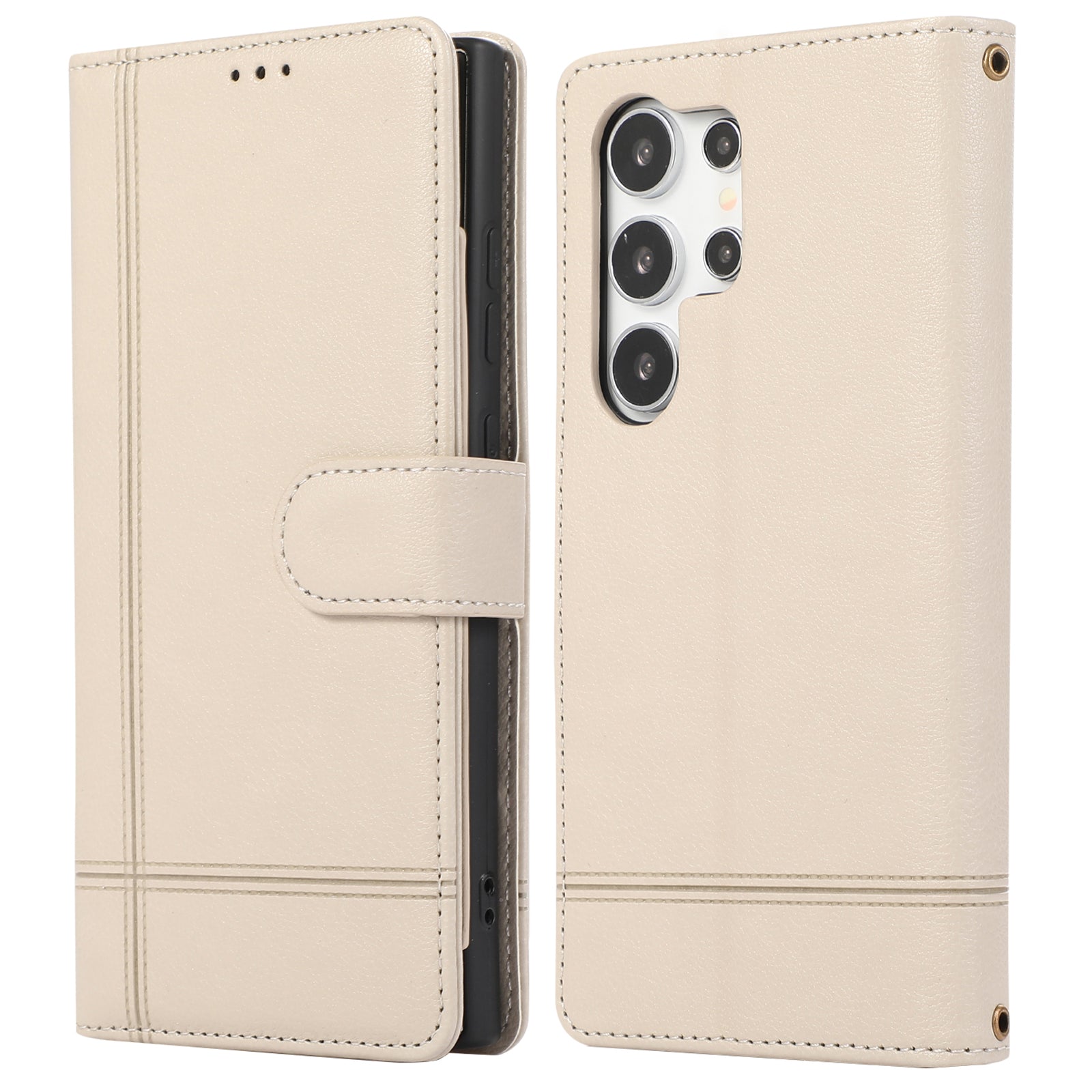 For Samsung Galaxy S22 Ultra 5G Cell Phone Case Lines Imprint Leather Wallet Cover with Mirror - Red