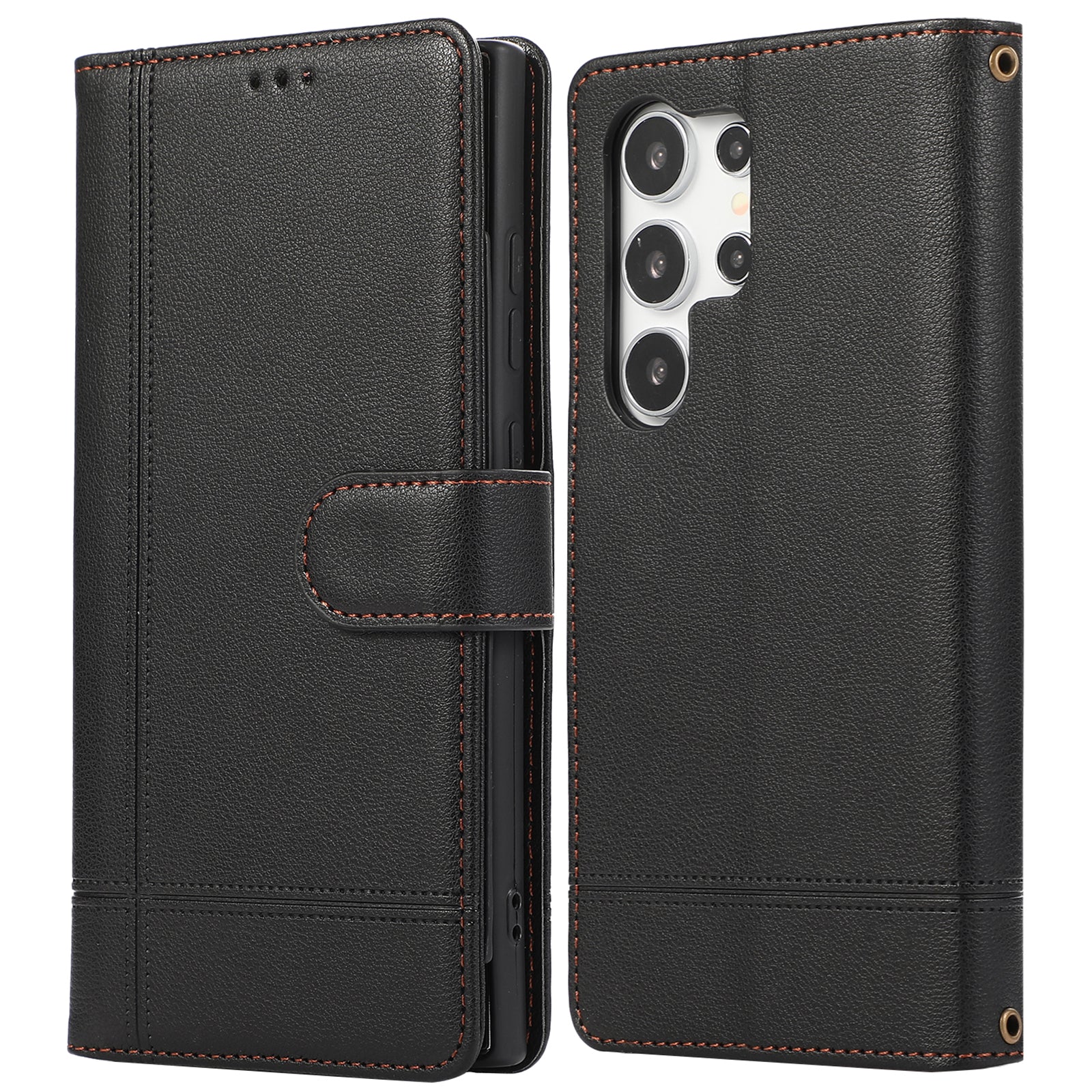 For Samsung Galaxy S22 Ultra 5G Cell Phone Case Lines Imprint Leather Wallet Cover with Mirror - Red