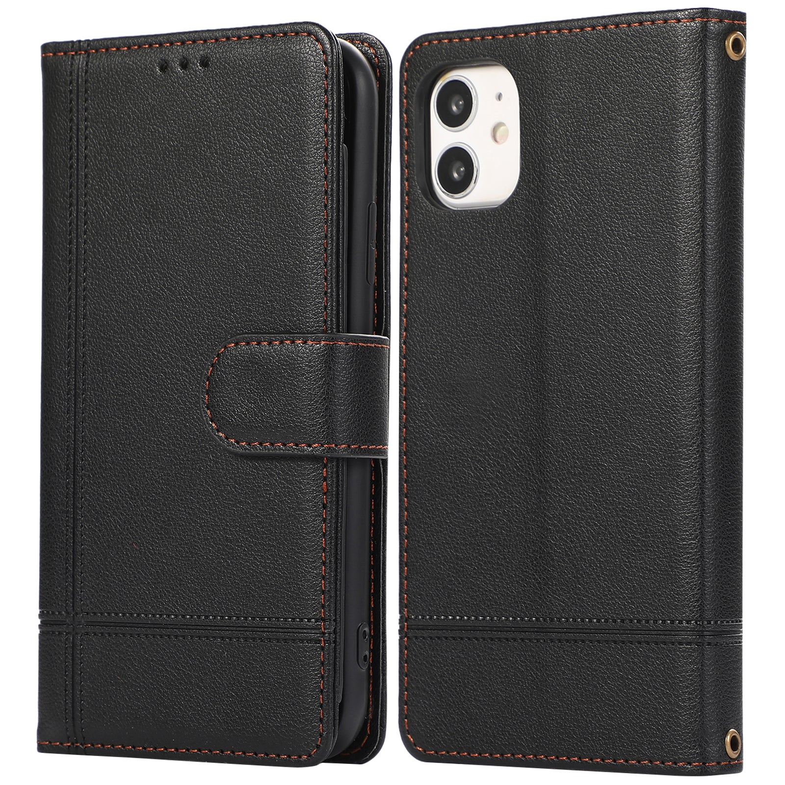 For iPhone 11 Cell Phone Case Lines Imprinted Built-in Mirror Anti-drop Leather Cover with 2 Straps - Black