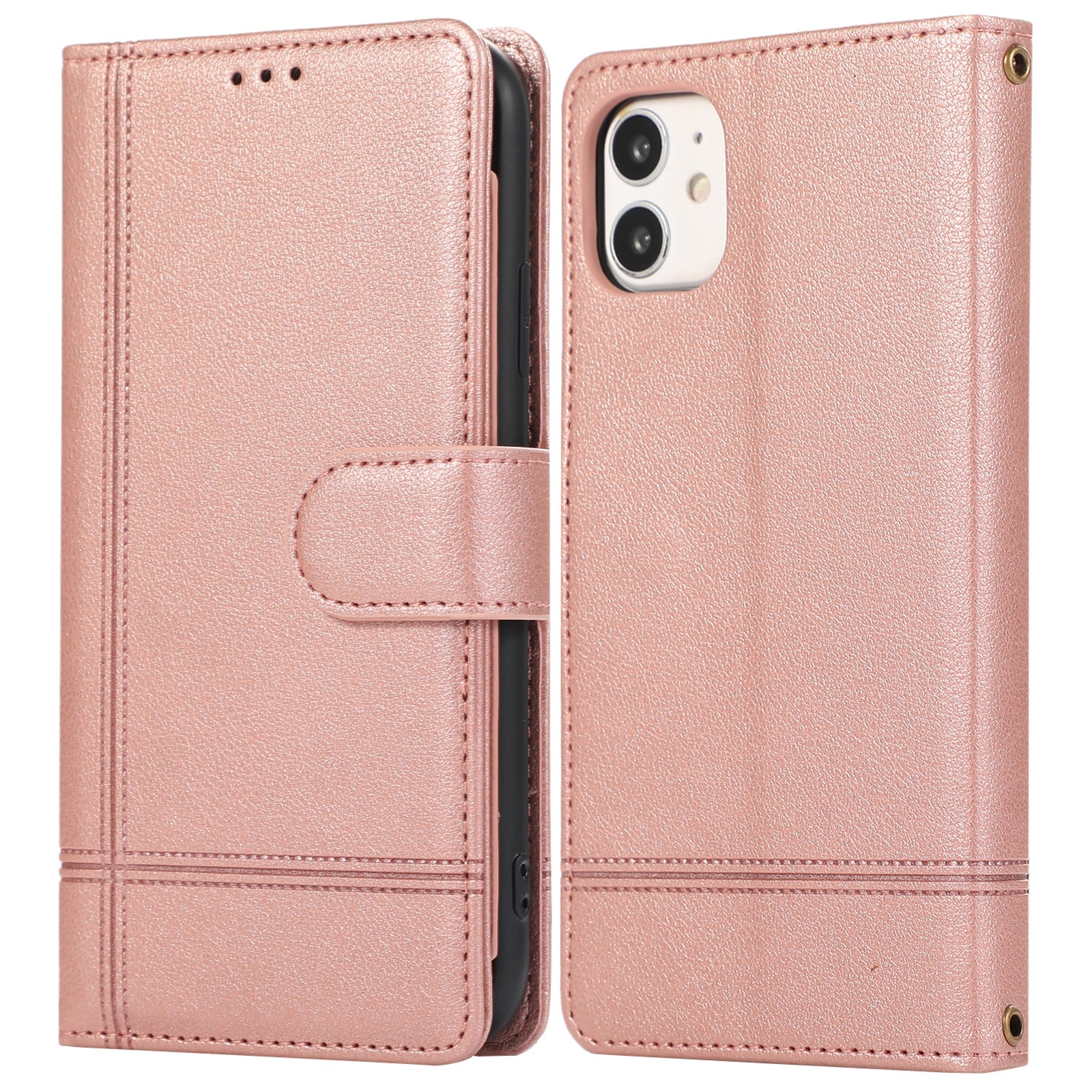 For iPhone 11 Cell Phone Case Lines Imprinted Built-in Mirror Anti-drop Leather Cover with 2 Straps - Black