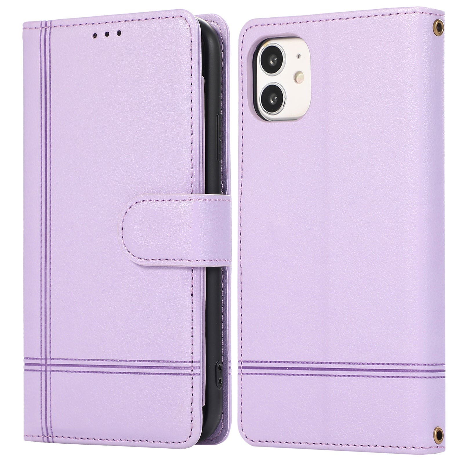 For iPhone 11 Cell Phone Case Lines Imprinted Built-in Mirror Anti-drop Leather Cover with 2 Straps - Black