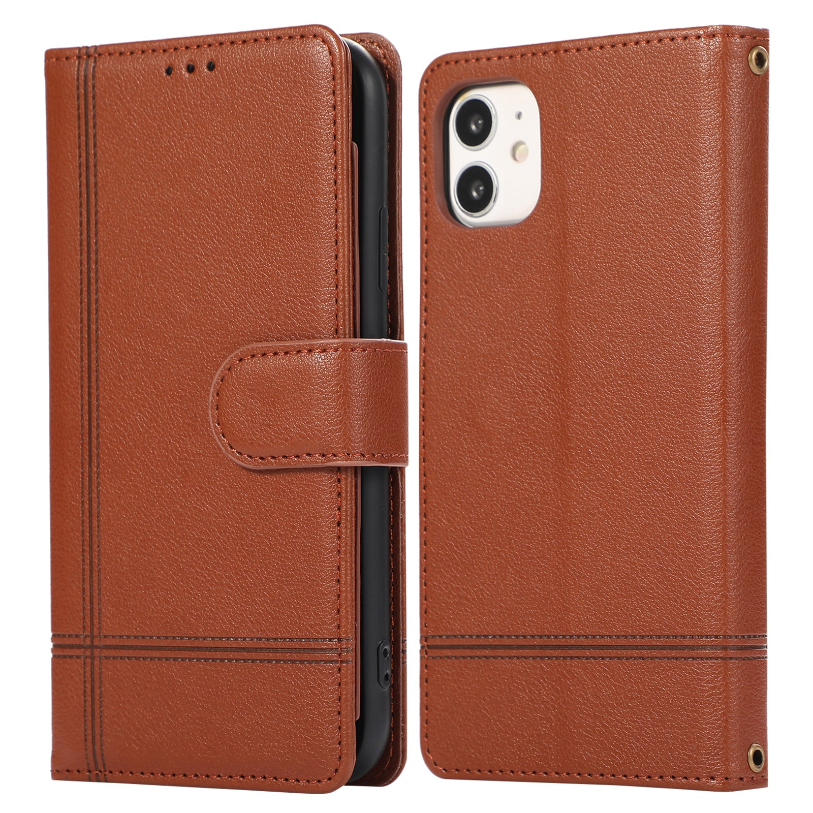 For iPhone 11 Cell Phone Case Lines Imprinted Built-in Mirror Anti-drop Leather Cover with 2 Straps - Black