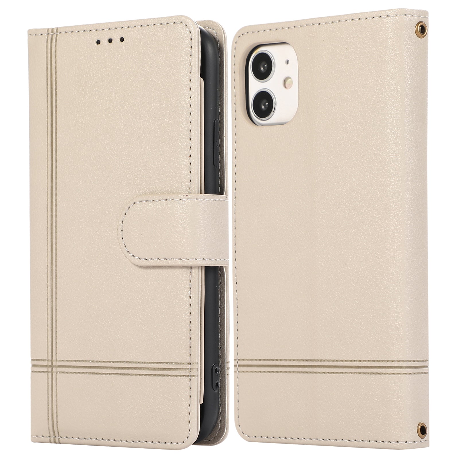For iPhone 11 Cell Phone Case Lines Imprinted Built-in Mirror Anti-drop Leather Cover with 2 Straps - Black