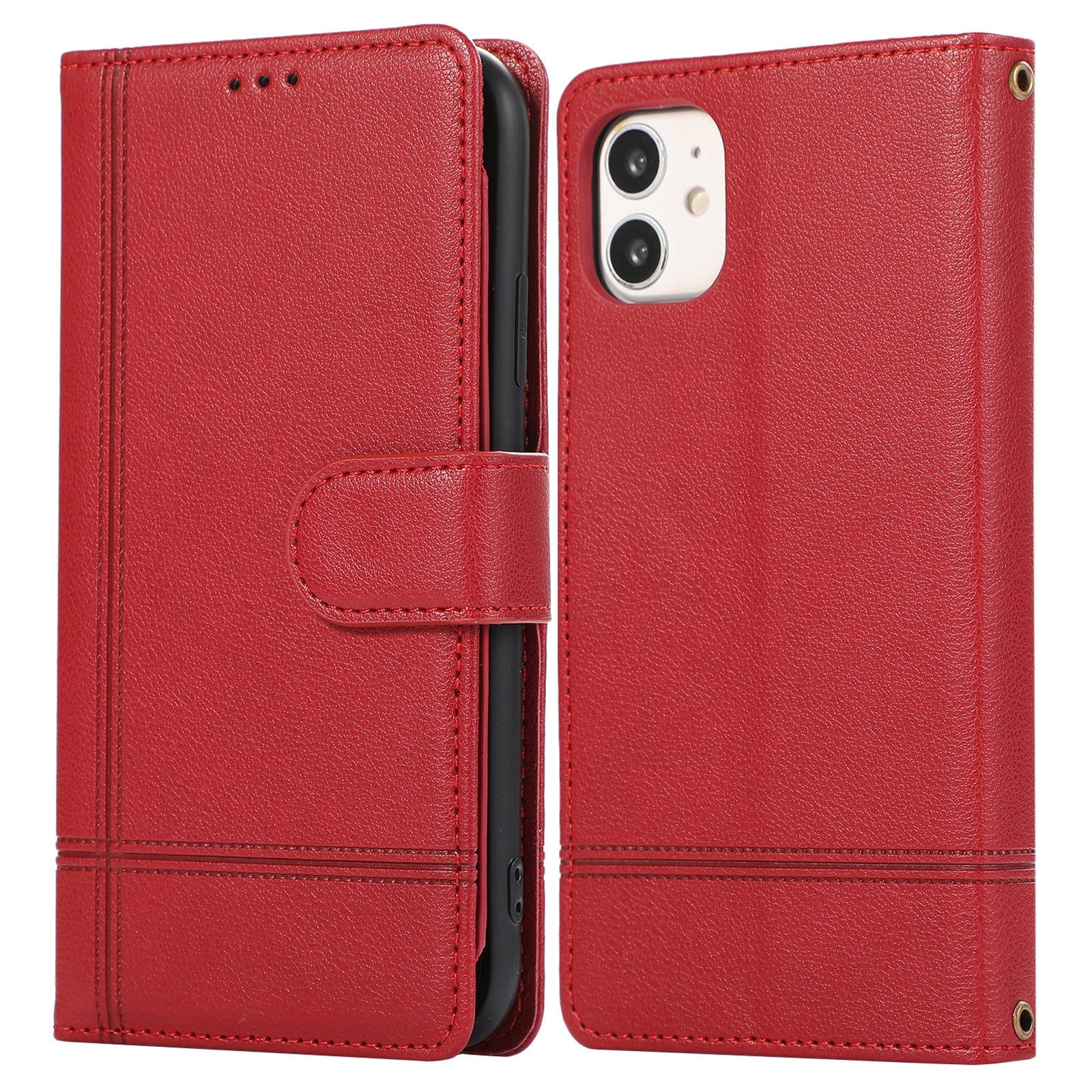 For iPhone 11 Cell Phone Case Lines Imprinted Built-in Mirror Anti-drop Leather Cover with 2 Straps - Black