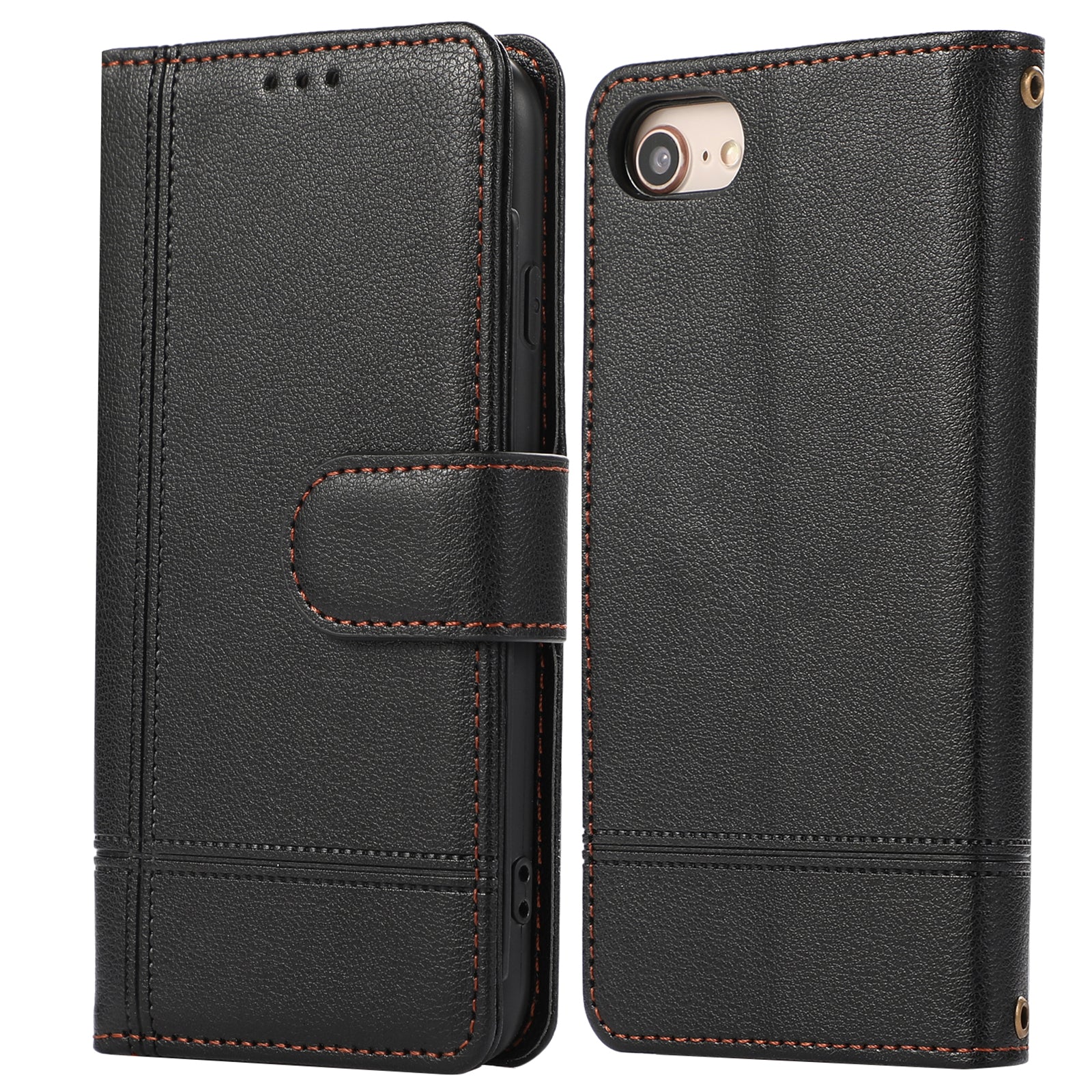 For iPhone SE (2022) / SE (2020) / 7 / 8 4.7 inch Cell Phone Case PU Leather Wallet Cover with 2 Straps - Black