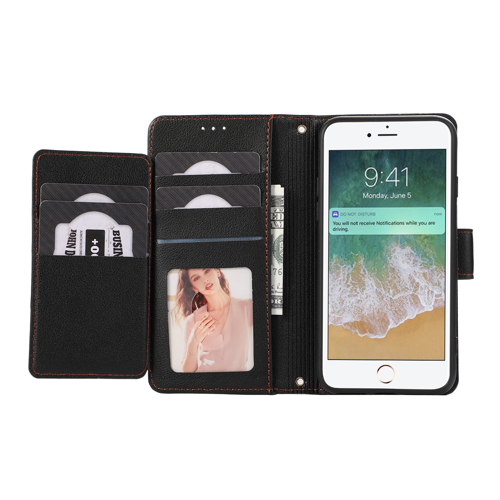 For iPhone SE (2022) / SE (2020) / 7 / 8 4.7 inch Cell Phone Case PU Leather Wallet Cover with 2 Straps - Black