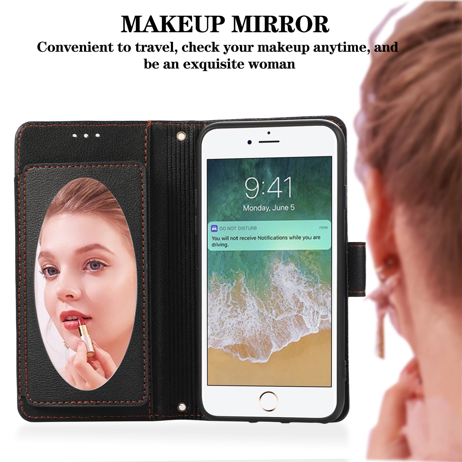 For iPhone SE (2022) / SE (2020) / 7 / 8 4.7 inch Cell Phone Case PU Leather Wallet Cover with 2 Straps - Black
