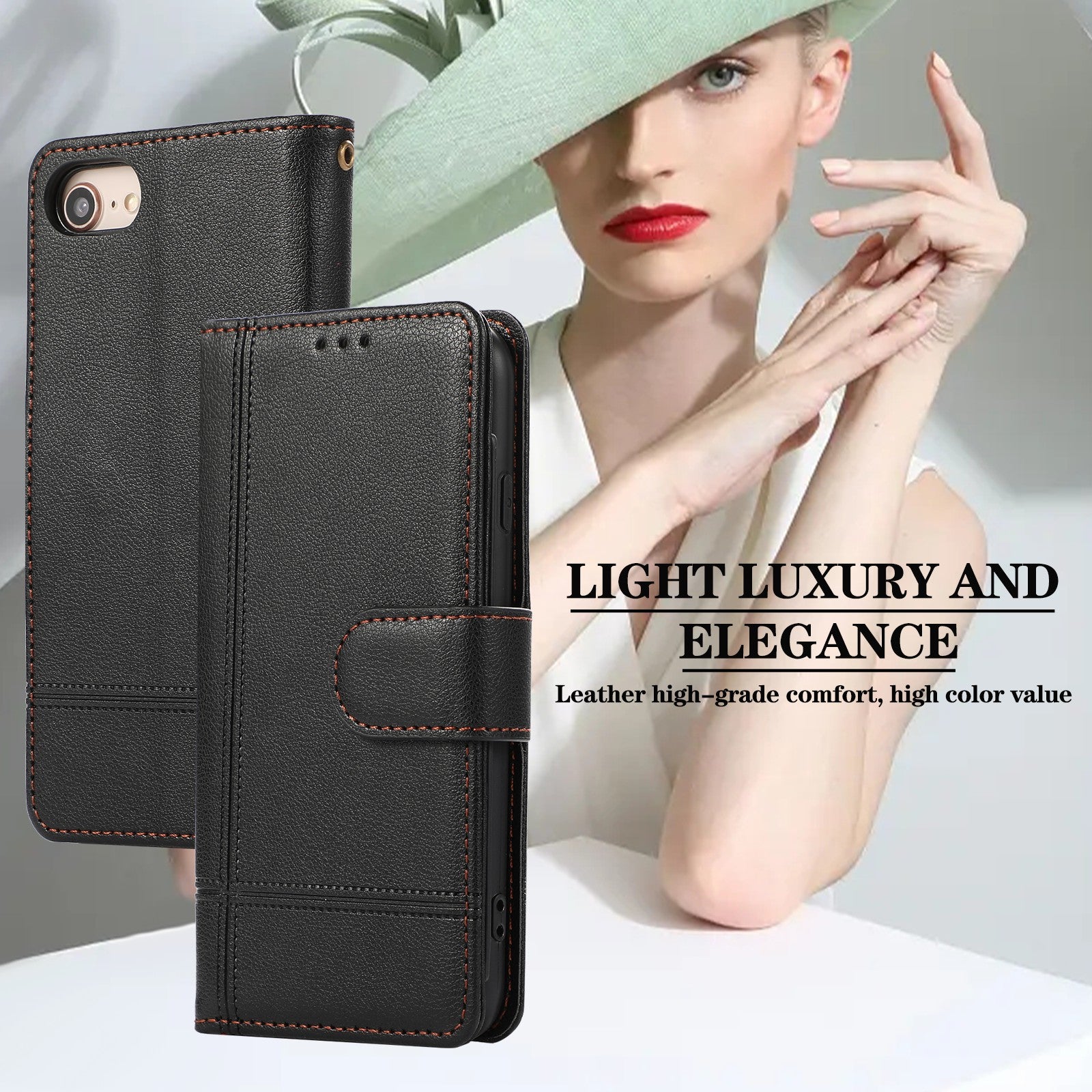 For iPhone SE (2022) / SE (2020) / 7 / 8 4.7 inch Cell Phone Case PU Leather Wallet Cover with 2 Straps - Black