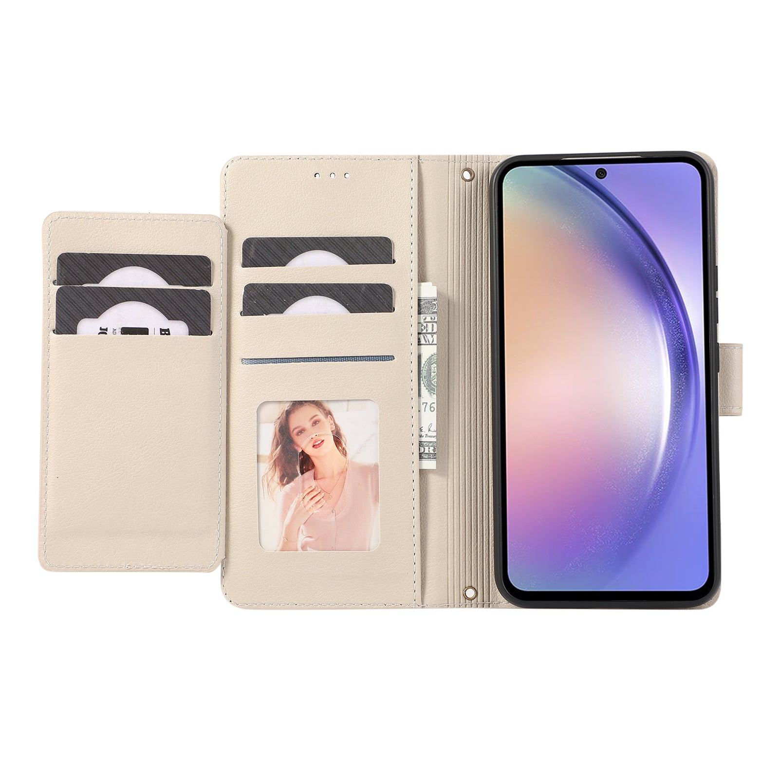 For Samsung Galaxy A54 5G Cell Phone Case Built-in Mirror PU Leather Wallet Stand Anti-drop Cover - Beige