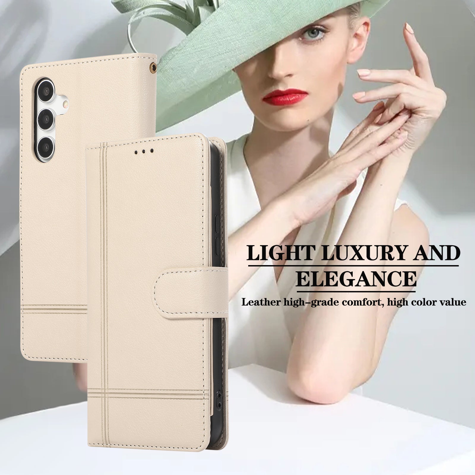 For Samsung Galaxy A54 5G Cell Phone Case Built-in Mirror PU Leather Wallet Stand Anti-drop Cover - Beige