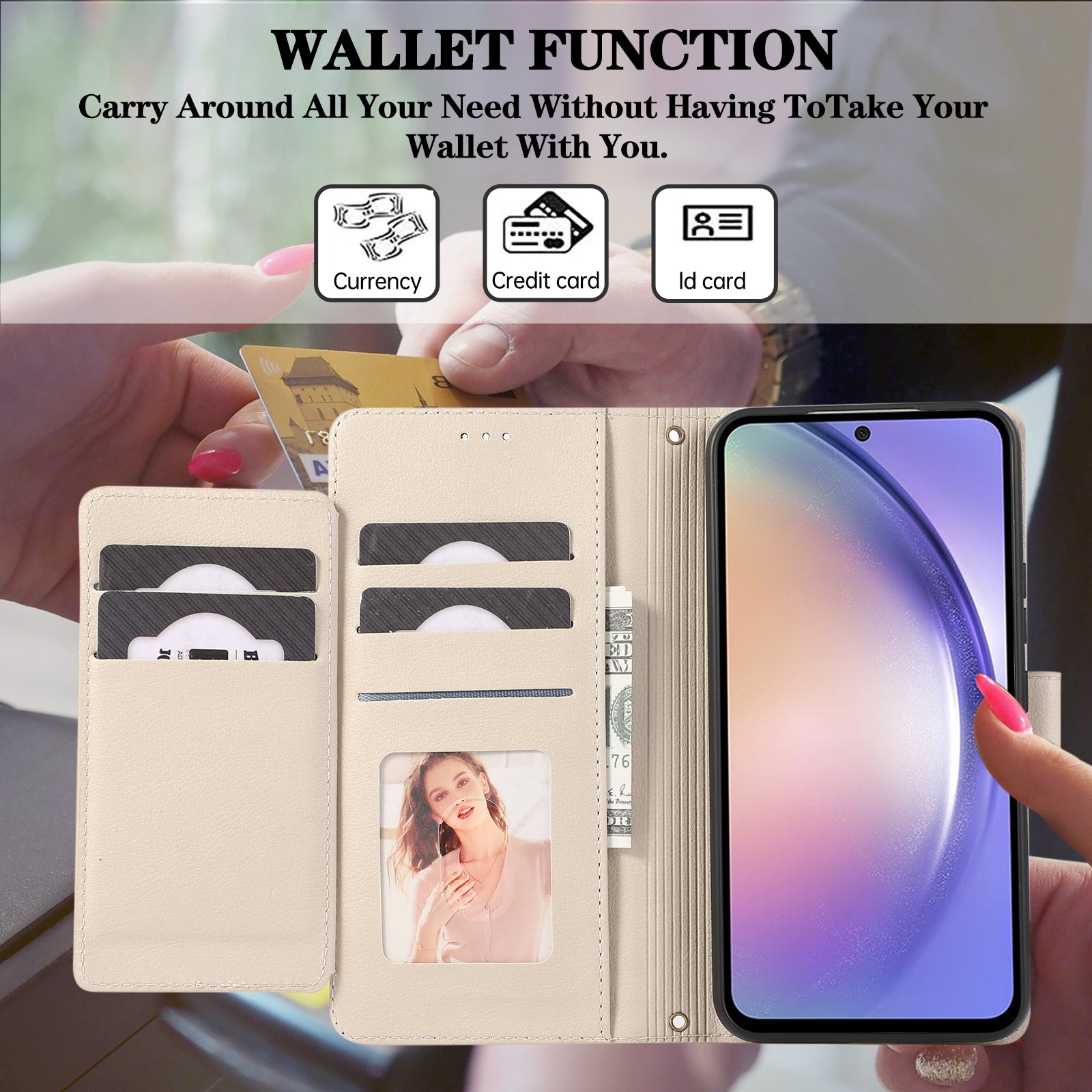 For Samsung Galaxy A54 5G Cell Phone Case Built-in Mirror PU Leather Wallet Stand Anti-drop Cover - Beige