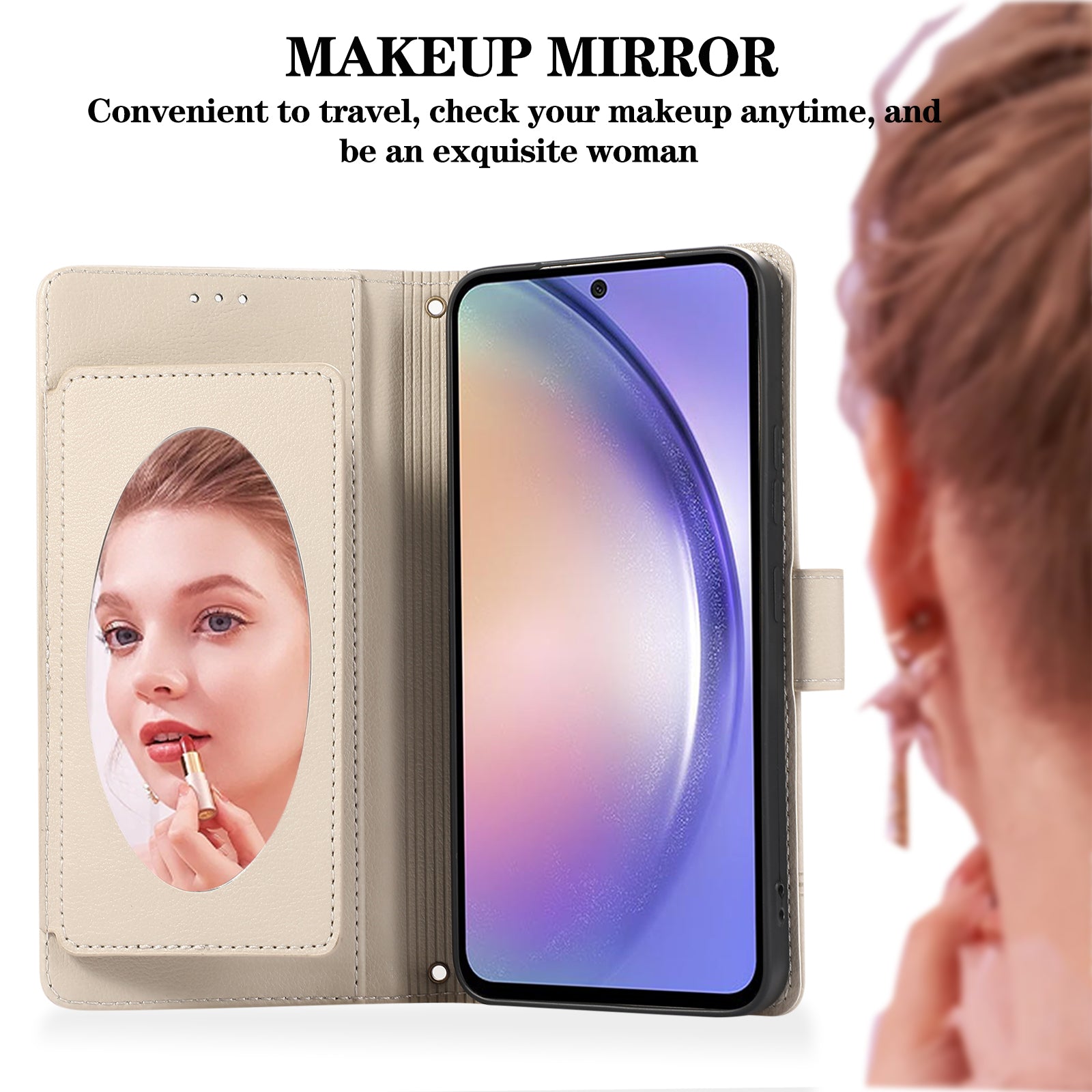 For Samsung Galaxy A54 5G Cell Phone Case Built-in Mirror PU Leather Wallet Stand Anti-drop Cover - Beige