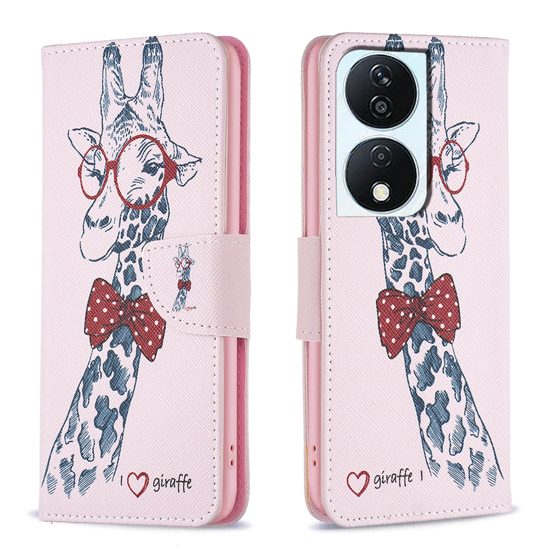 For Honor X7b 4G / 90 Smart PU Leather Magnetic Flip Cover Pattern Wallet Phone Case - Giraffe