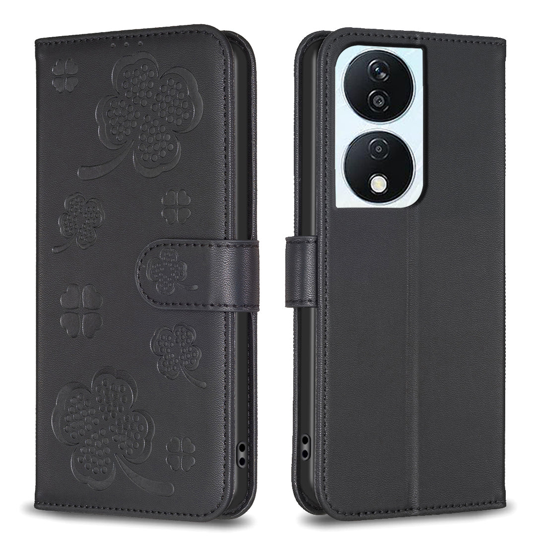 For Honor X7b 4G / 90 Smart Wallet Leather Case Clover Pattern Flip Phone Cover - Black