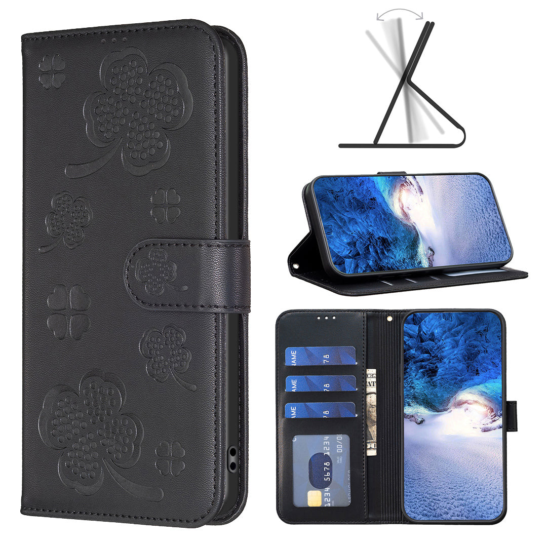 For Honor X7b 4G / 90 Smart Wallet Leather Case Clover Pattern Flip Phone Cover - Black