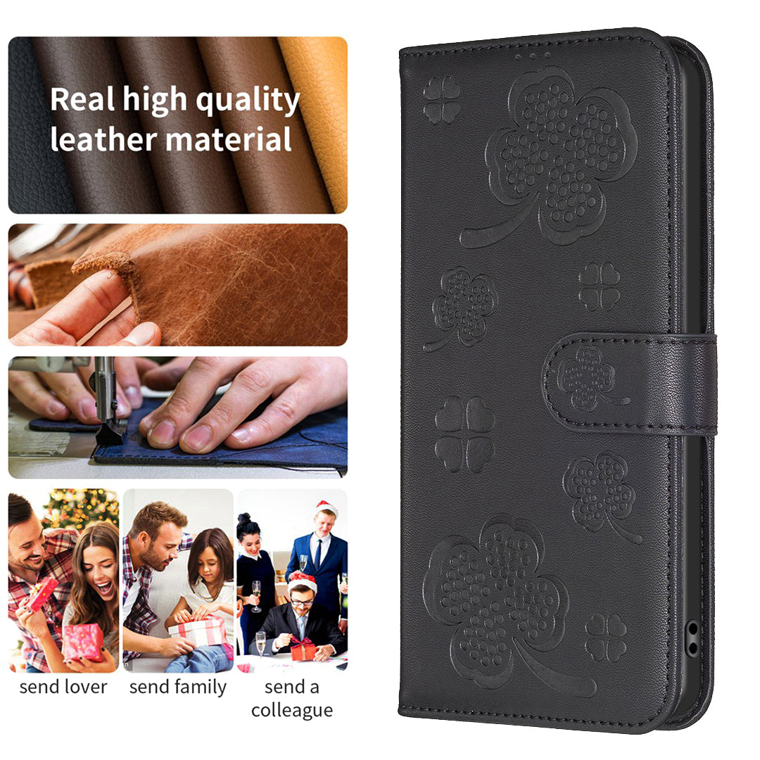 For Honor X7b 4G / 90 Smart Wallet Leather Case Clover Pattern Flip Phone Cover - Black