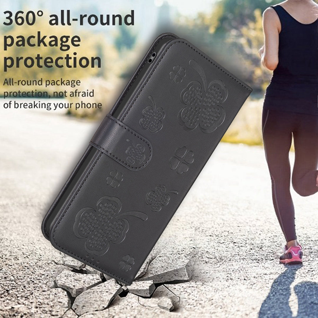 For Honor X7b 4G / 90 Smart Wallet Leather Case Clover Pattern Flip Phone Cover - Black