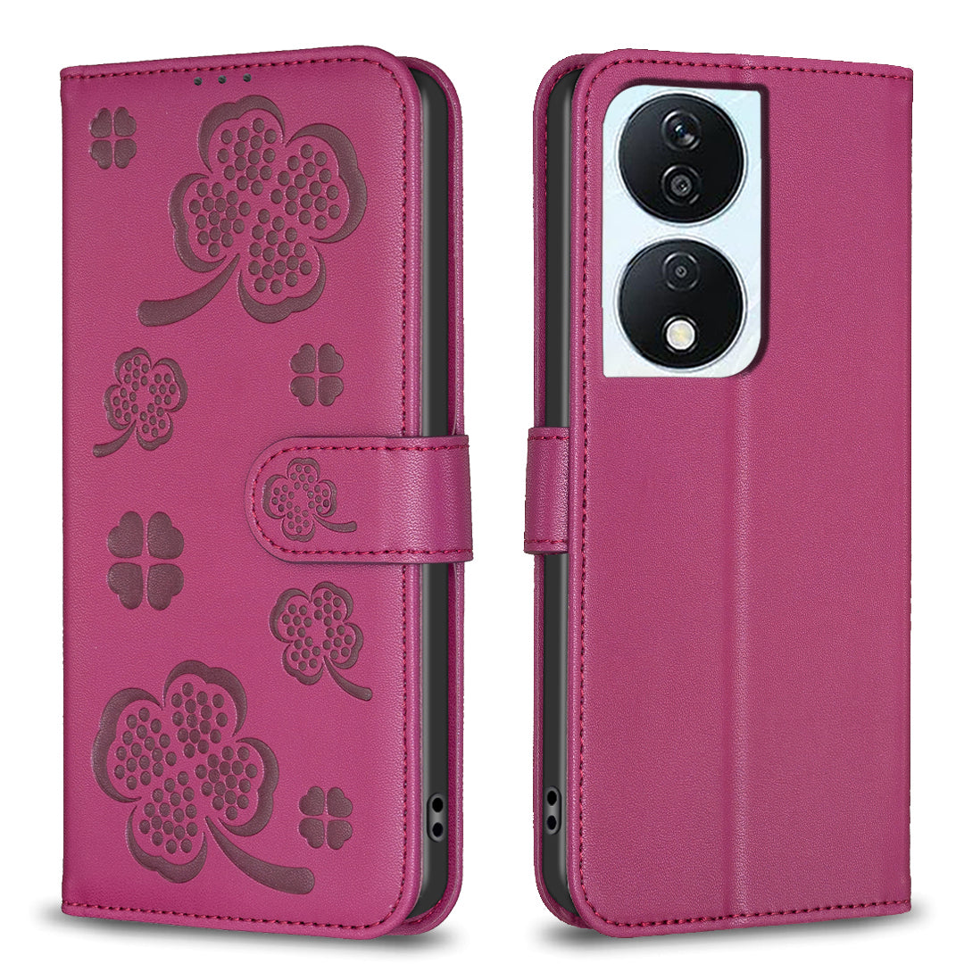 For Honor X7b 4G / 90 Smart Wallet Leather Case Clover Pattern Flip Phone Cover - Black