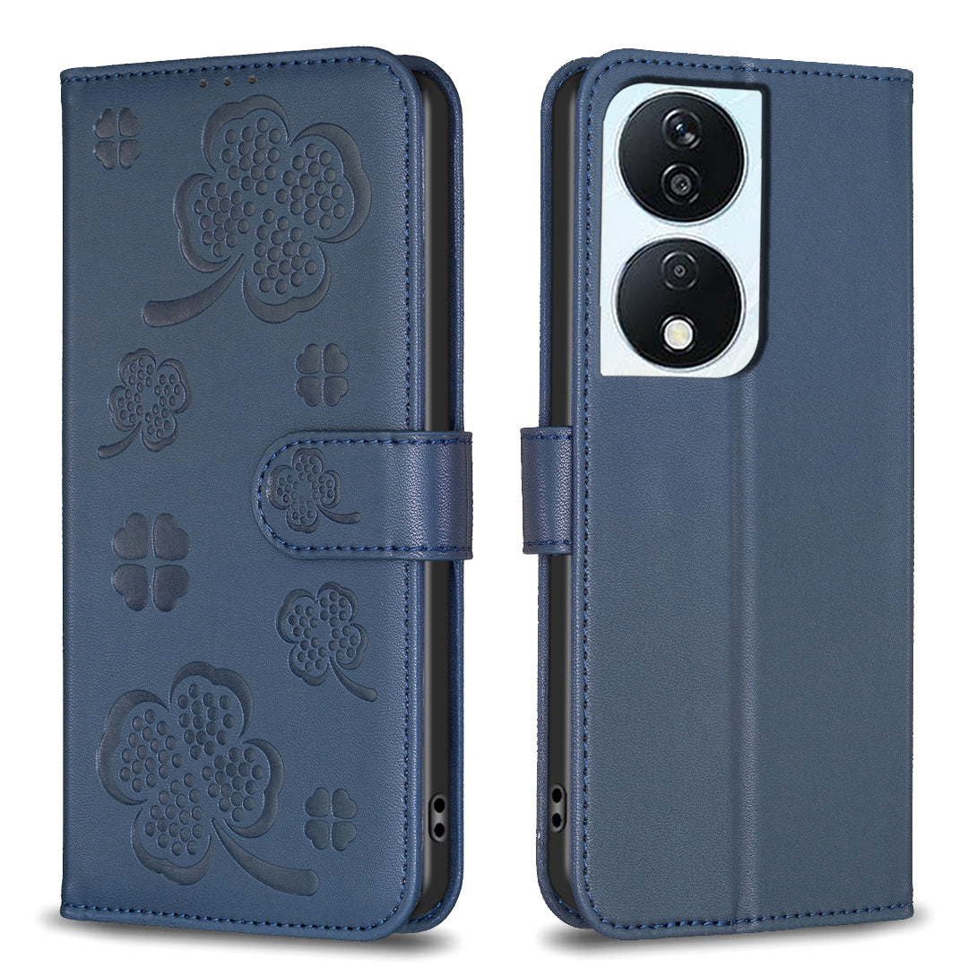 For Honor X7b 4G / 90 Smart Wallet Leather Case Clover Pattern Flip Phone Cover - Black