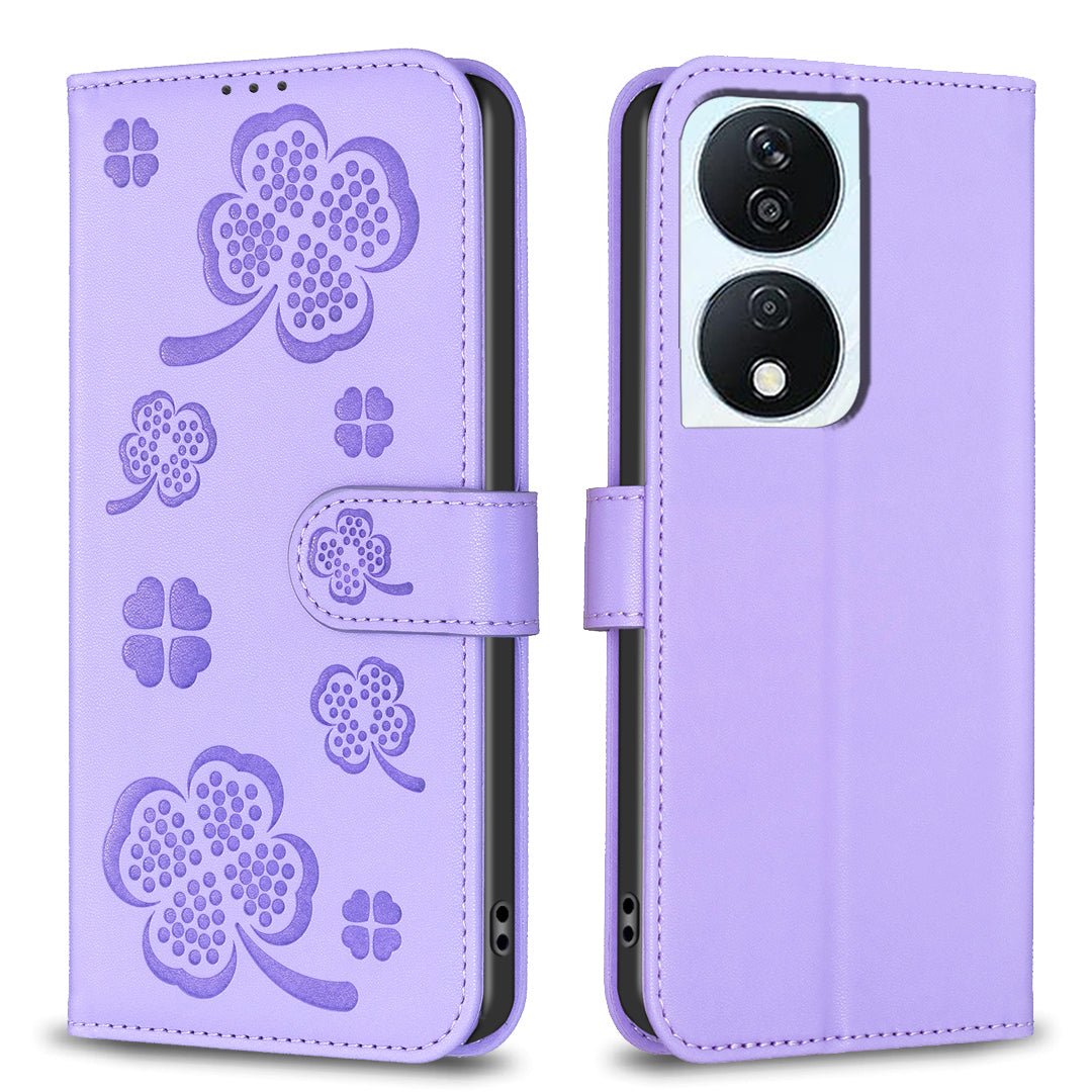 For Honor X7b 4G / 90 Smart Wallet Leather Case Clover Pattern Flip Phone Cover - Black
