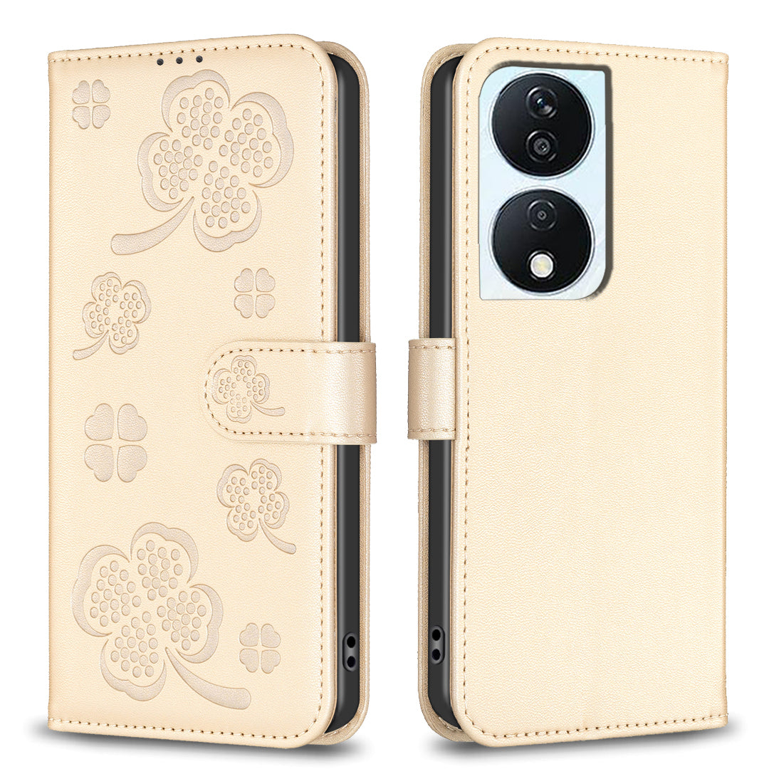 For Honor X7b 4G / 90 Smart Wallet Leather Case Clover Pattern Flip Phone Cover - Black