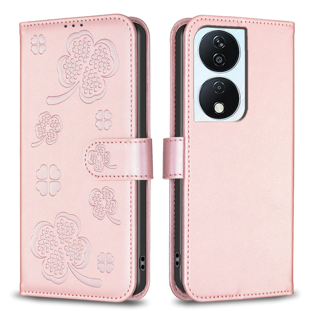 For Honor X7b 4G / 90 Smart Wallet Leather Case Clover Pattern Flip Phone Cover - Black
