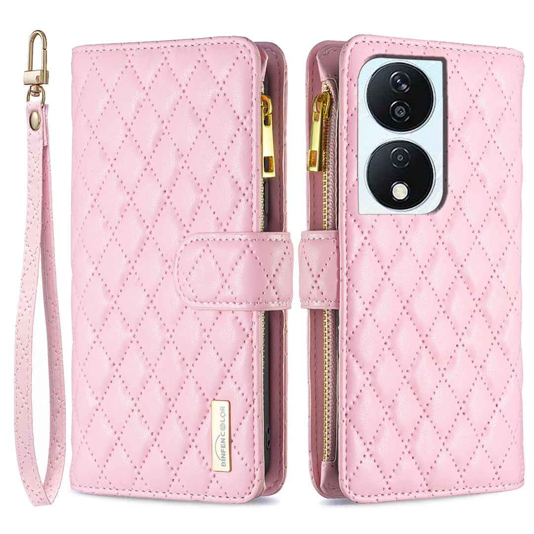 BINFEN COLOR BF Style-15 For Honor X7b 4G / 90 Smart Leather Wallet Case Zipper Pocket Stand Phone Cover - Pink