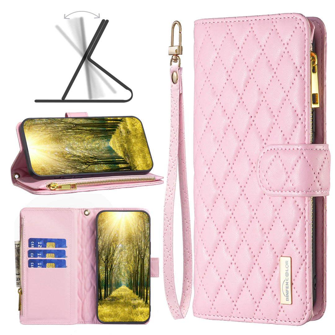 BINFEN COLOR BF Style-15 For Honor X7b 4G / 90 Smart Leather Wallet Case Zipper Pocket Stand Phone Cover - Pink