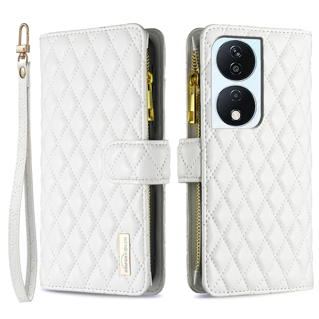 BINFEN COLOR BF Style-15 For Honor X7b 4G / 90 Smart Leather Wallet Case Zipper Pocket Stand Phone Cover - Pink
