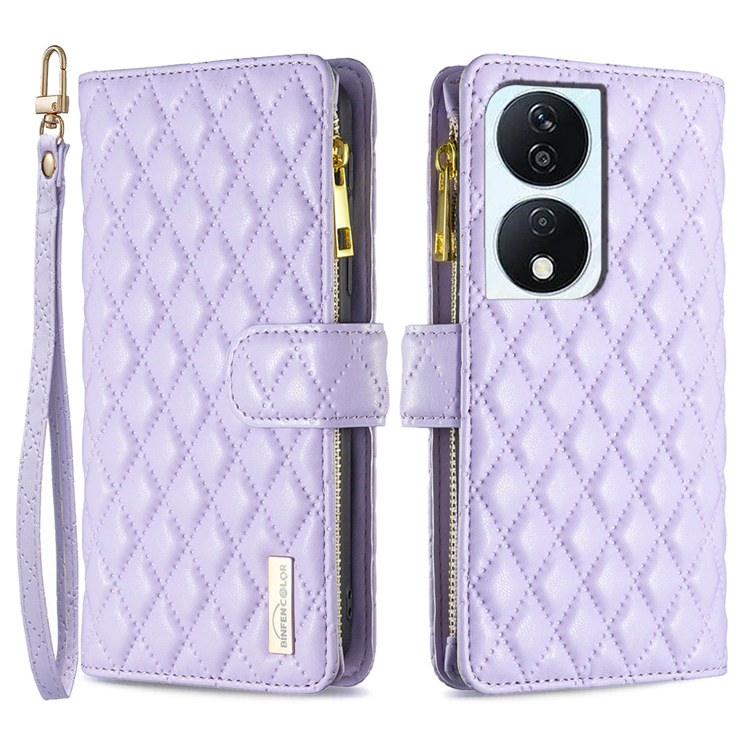 BINFEN COLOR BF Style-15 For Honor X7b 4G / 90 Smart Leather Wallet Case Zipper Pocket Stand Phone Cover - Pink