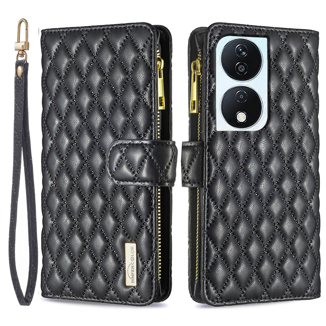 BINFEN COLOR BF Style-15 For Honor X7b 4G / 90 Smart Leather Wallet Case Zipper Pocket Stand Phone Cover - Pink