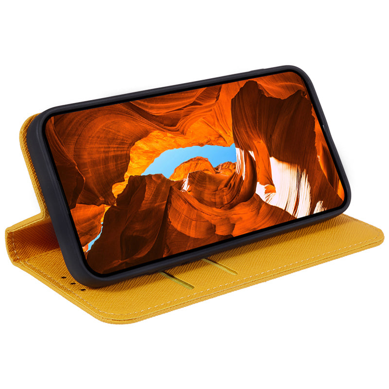 For Google Pixel 8a Cell Phone Case Cross Texture Anti-Scratch Wallet Stand PU Leather Cover - Yellow