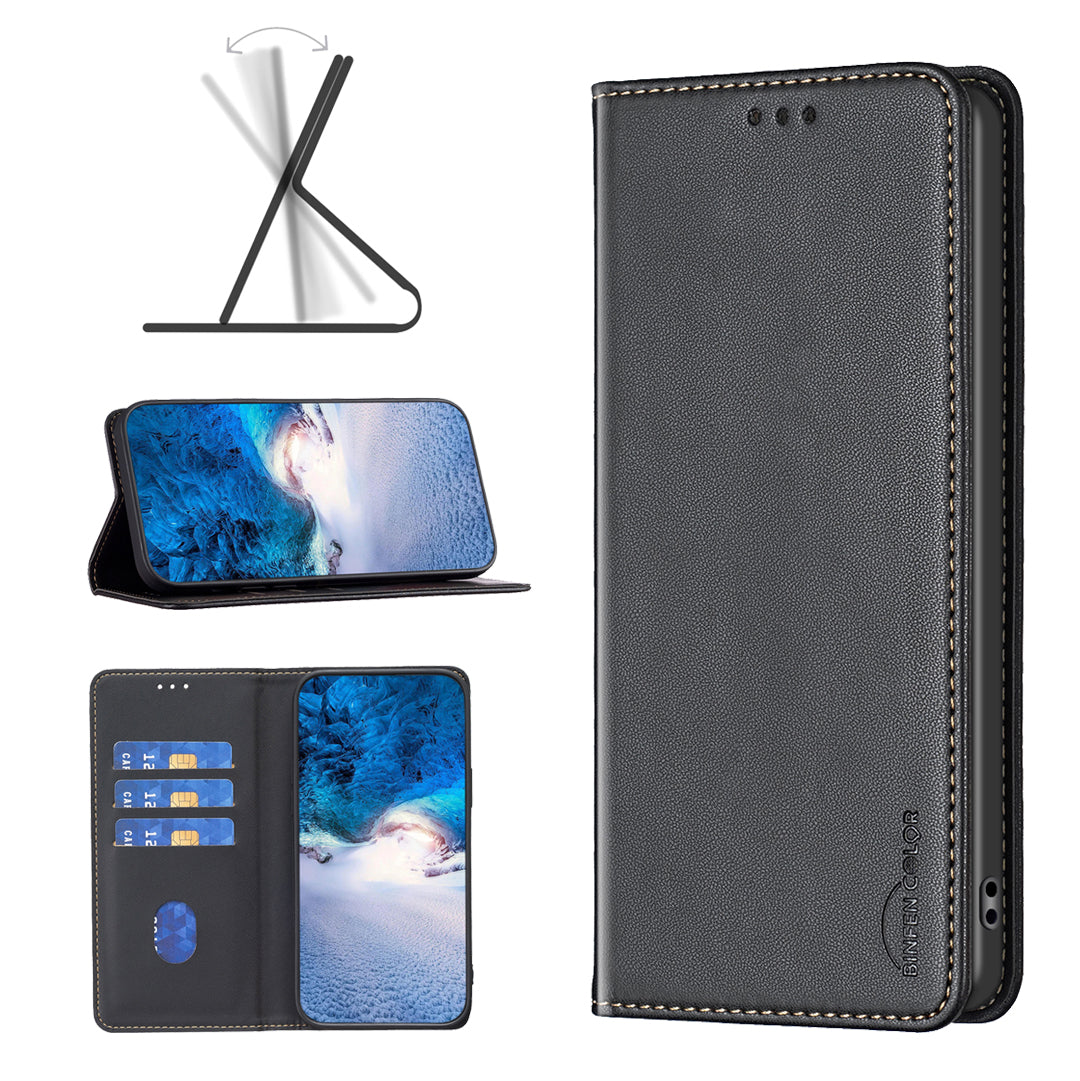 BINFEN COLOR BF18 For Motorola Moto G34 5G Case Card Holder Leather Phone Cover - Black