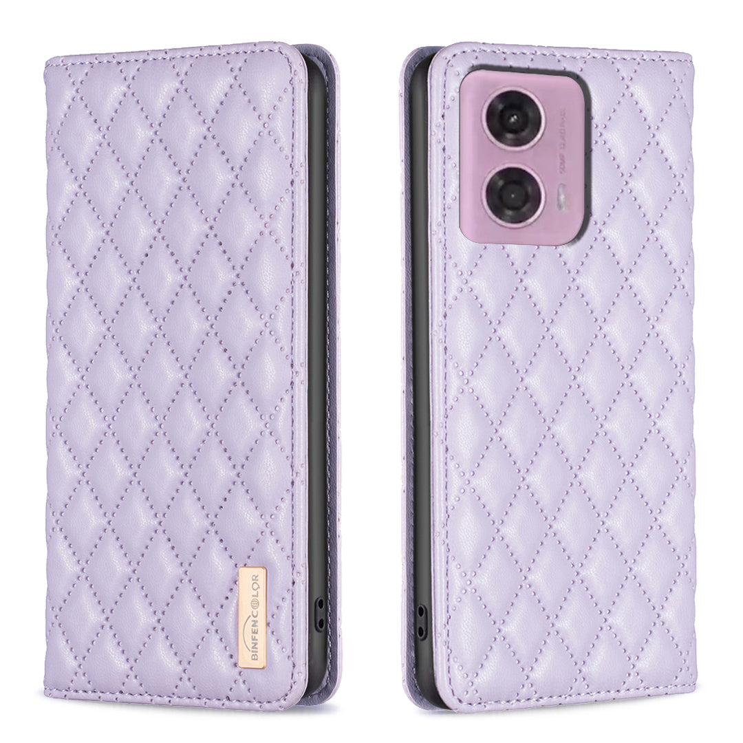 BINFEN COLOR BF Style-16 For Motorola Moto G34 5G Leather Cell Phone Cover with Card Holder Stand Flip Case - Purple