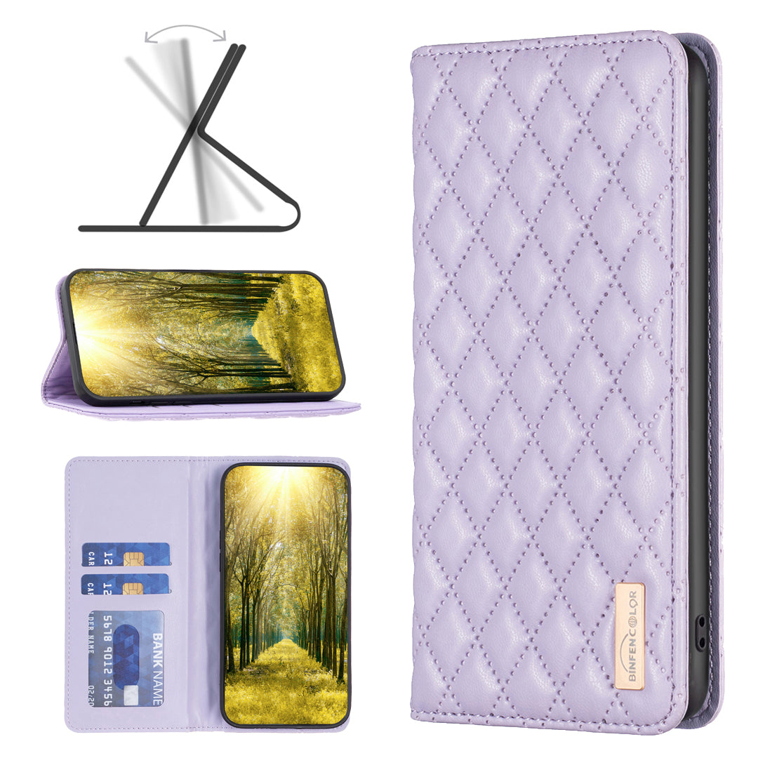 BINFEN COLOR BF Style-16 For Motorola Moto G34 5G Leather Cell Phone Cover with Card Holder Stand Flip Case - Purple