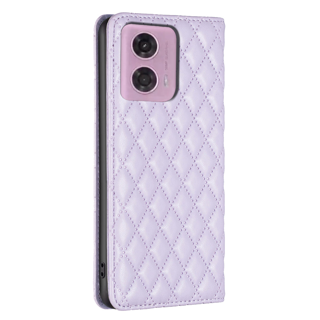 BINFEN COLOR BF Style-16 For Motorola Moto G34 5G Leather Cell Phone Cover with Card Holder Stand Flip Case - Purple
