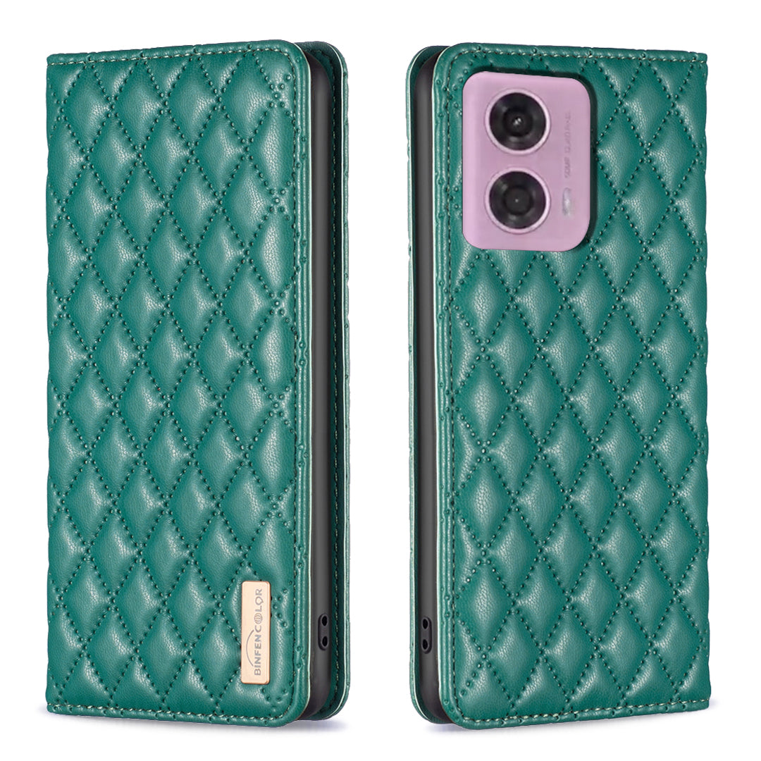 BINFEN COLOR BF Style-16 For Motorola Moto G34 5G Leather Cell Phone Cover with Card Holder Stand Flip Case - Purple