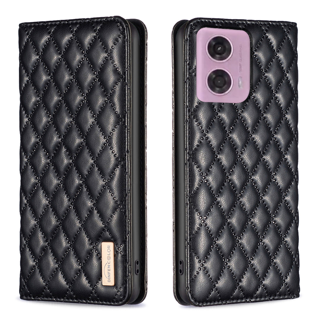 BINFEN COLOR BF Style-16 For Motorola Moto G34 5G Leather Cell Phone Cover with Card Holder Stand Flip Case - Purple