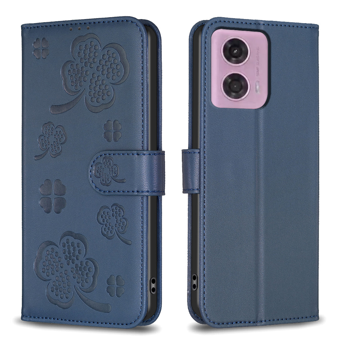 For Motorola Moto G34 5G Leather Case Clover Pattern Wallet Phone Cover - Blue