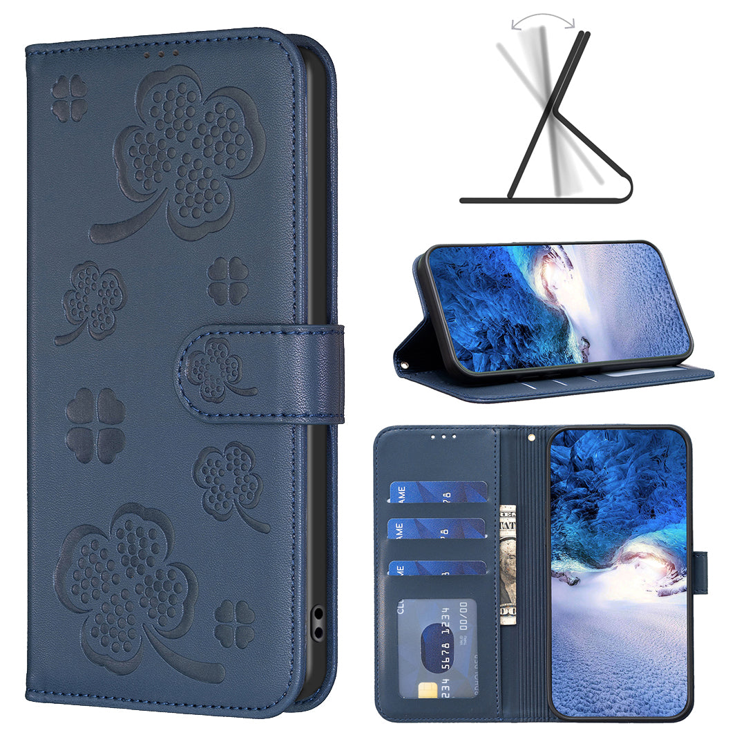 For Motorola Moto G34 5G Leather Case Clover Pattern Wallet Phone Cover - Blue