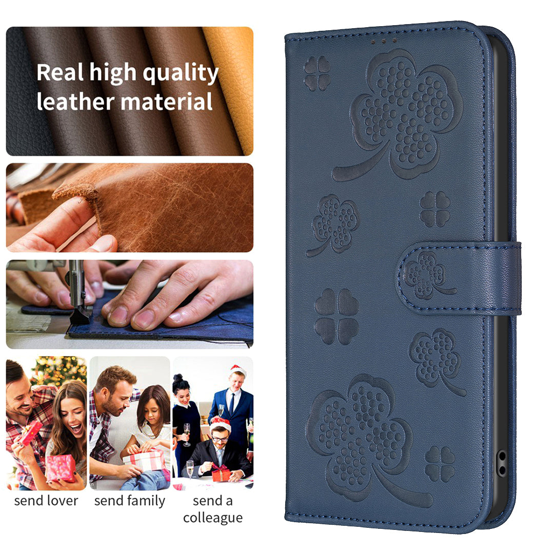 For Motorola Moto G34 5G Leather Case Clover Pattern Wallet Phone Cover - Blue