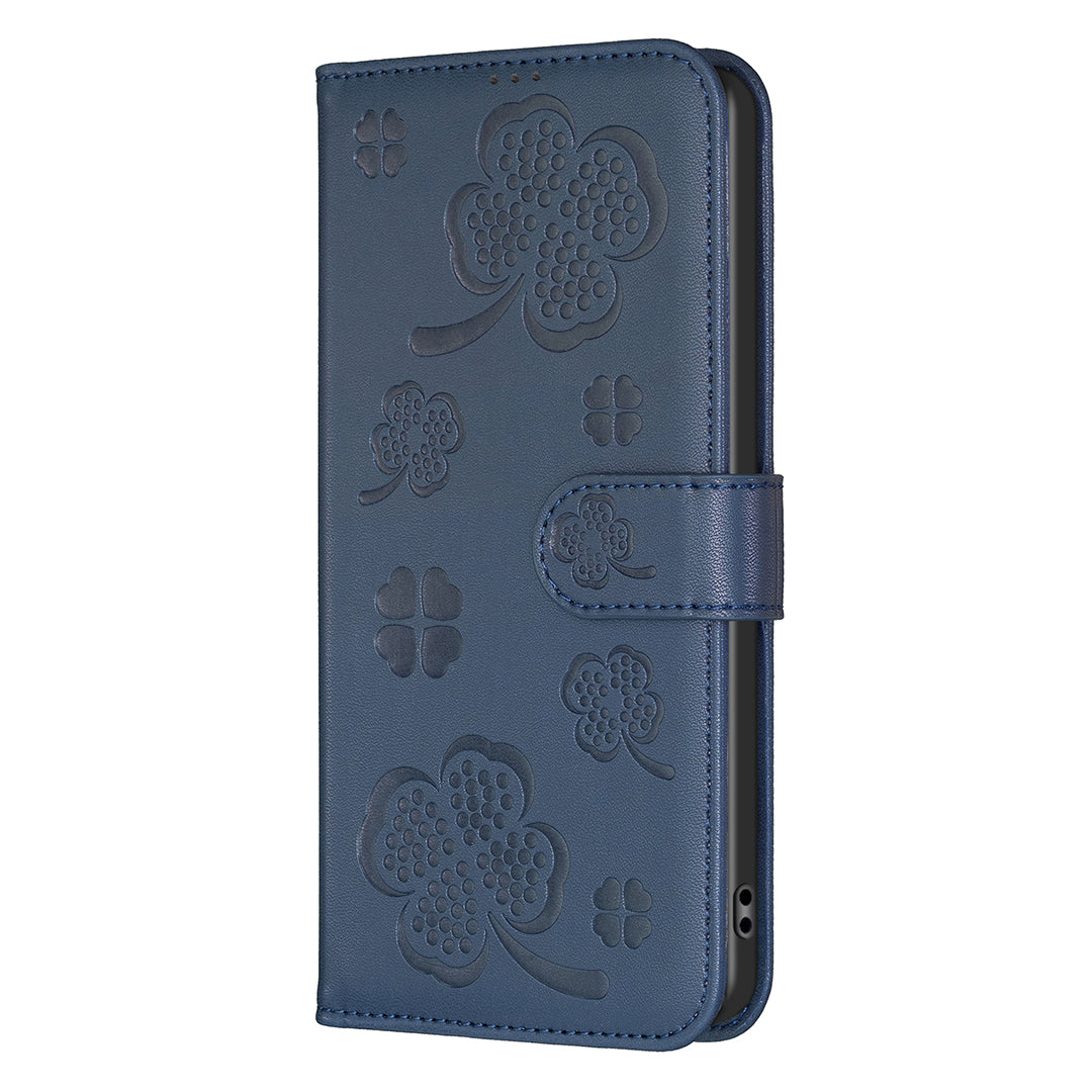 For Motorola Moto G34 5G Leather Case Clover Pattern Wallet Phone Cover - Blue