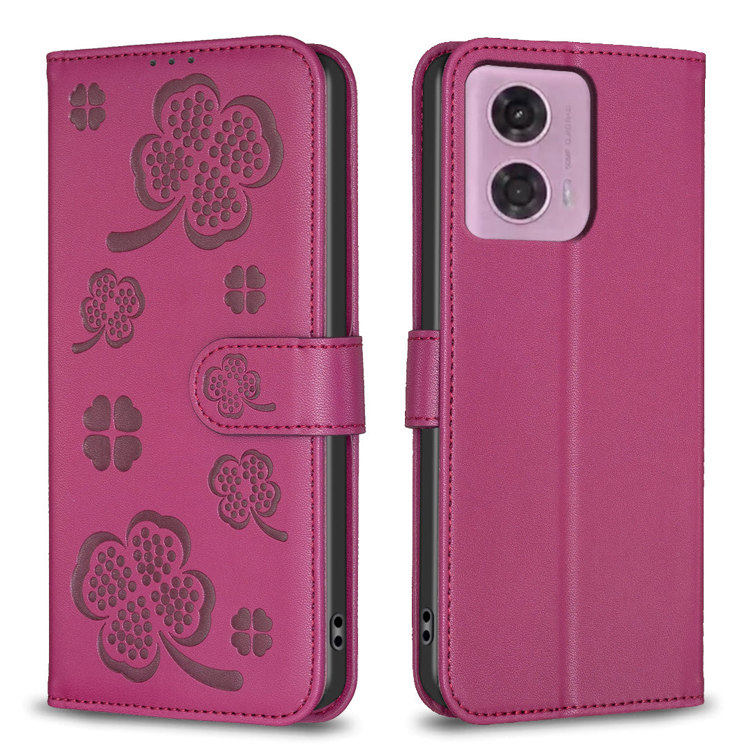 For Motorola Moto G34 5G Leather Case Clover Pattern Wallet Phone Cover - Blue